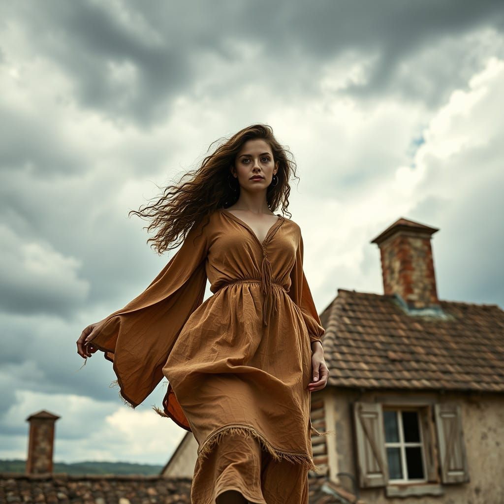 French Countryside Heroine on Rooftop Against Ominous Sky