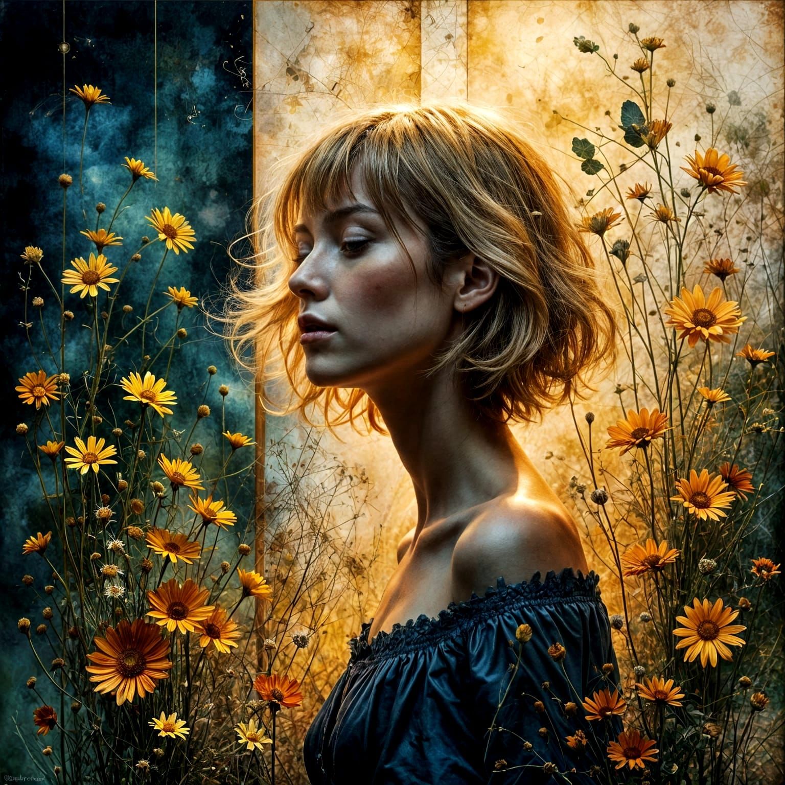 Dreamscape Portrait with Musical Grid and Wildflowers