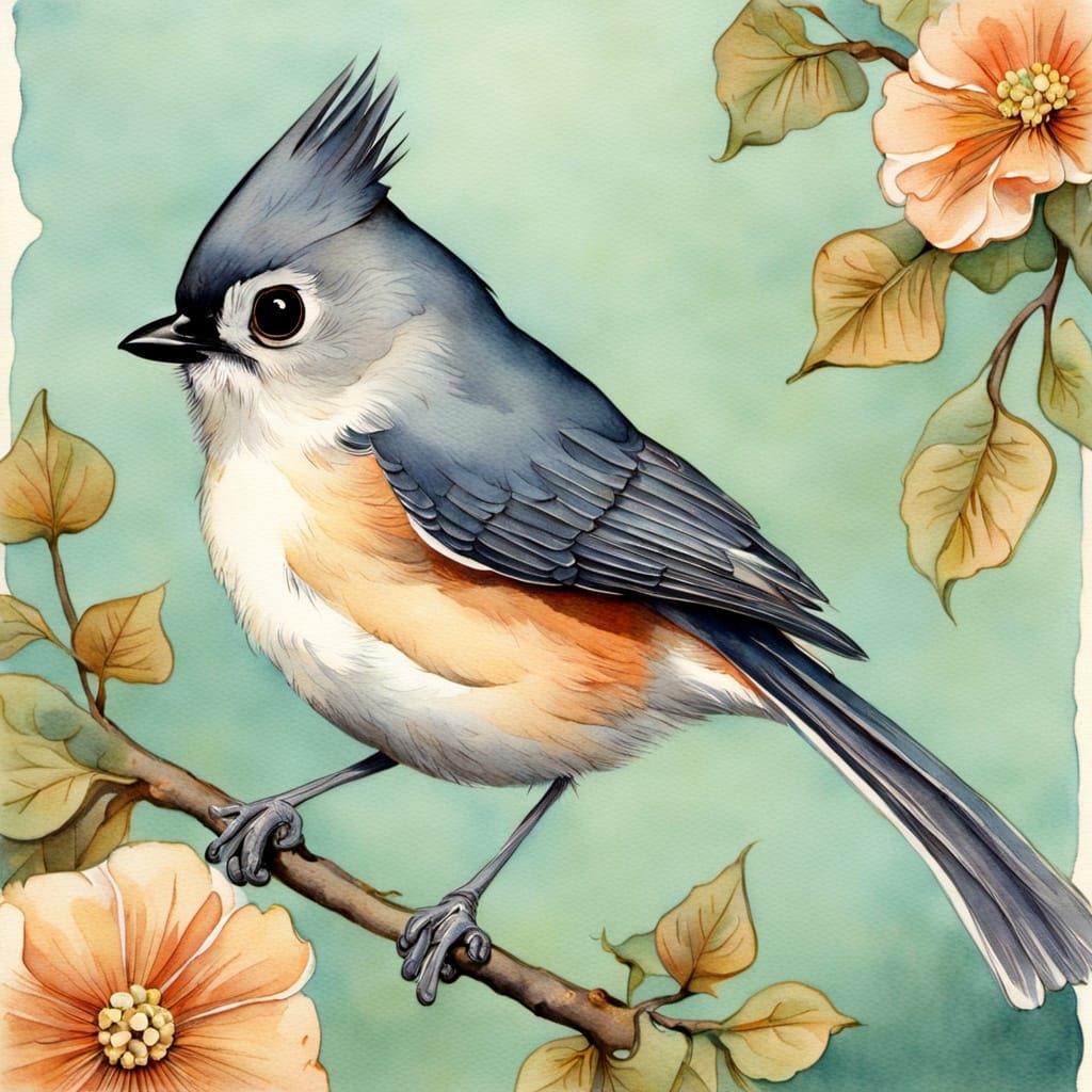 Tufted Titmouse in Art Nouveau Watercolor Style