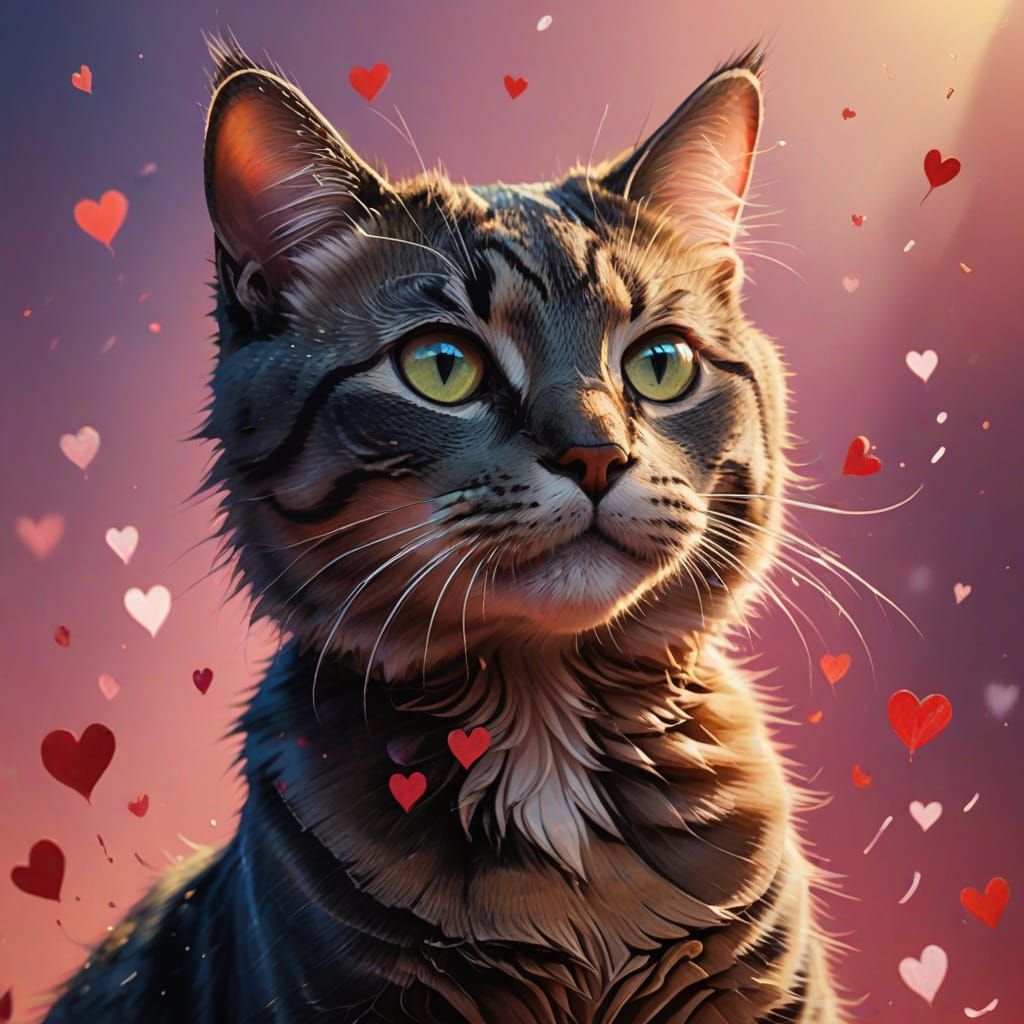 Hyperrealistic Valentine's Day Cat Portrait in Vibrant Color...