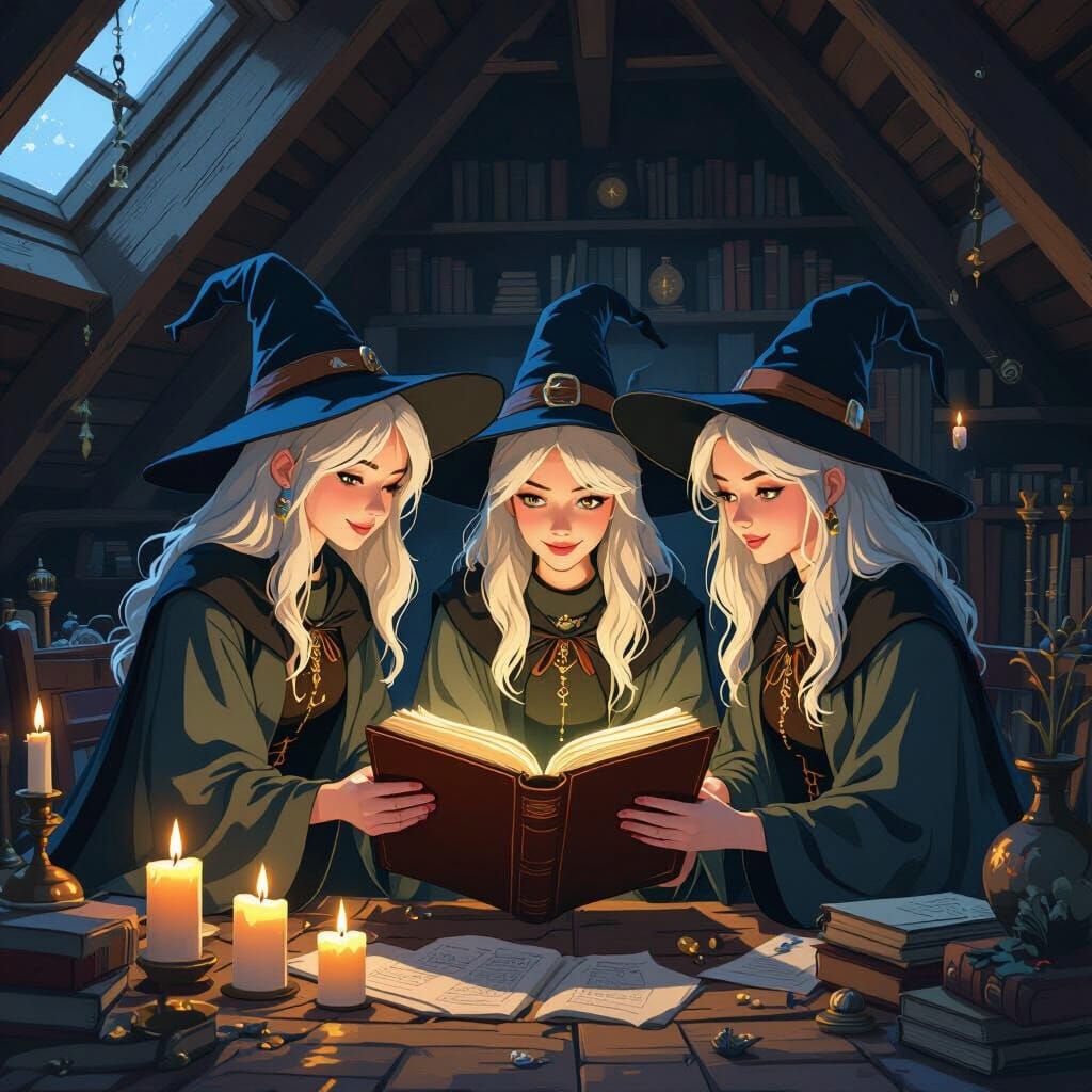 Three Witches Find Spellbook in Mystical Attic