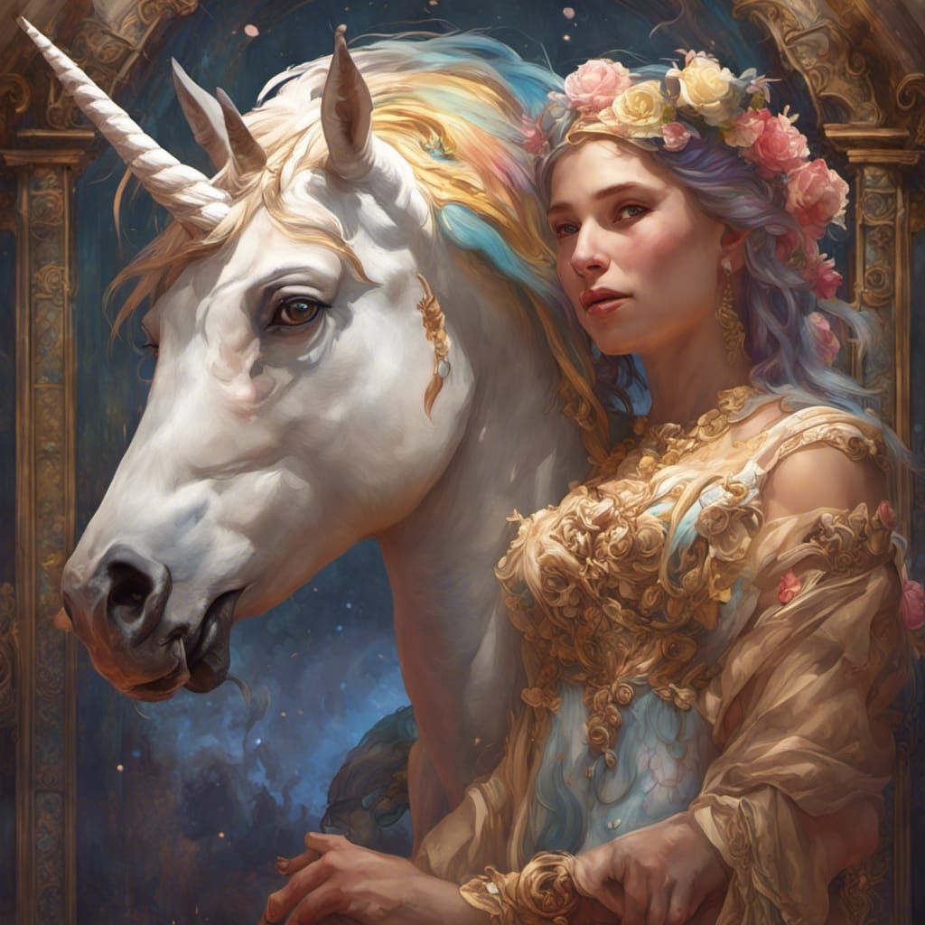 Goddess and Unicorn Foal Portrait in Art Nouveau Style