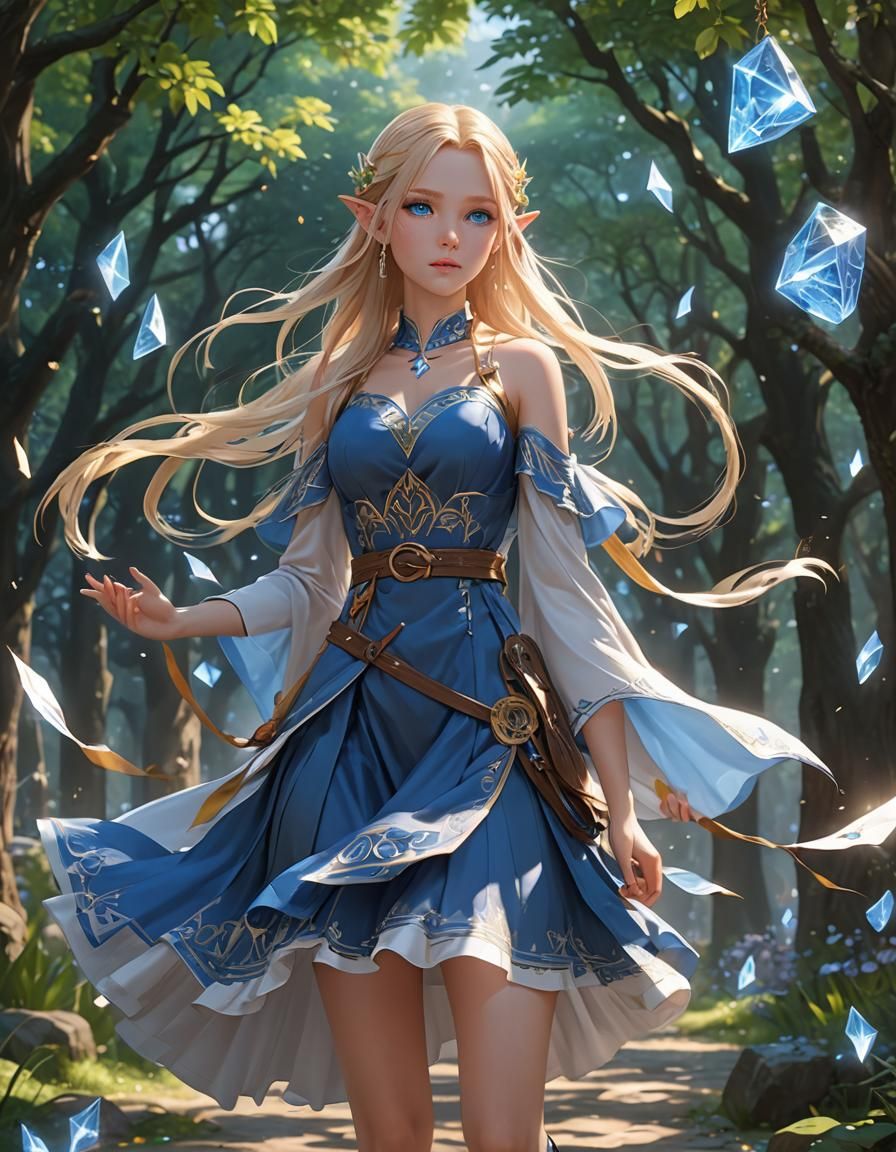 Blonde Elf Wizard with Runes in Anime Style