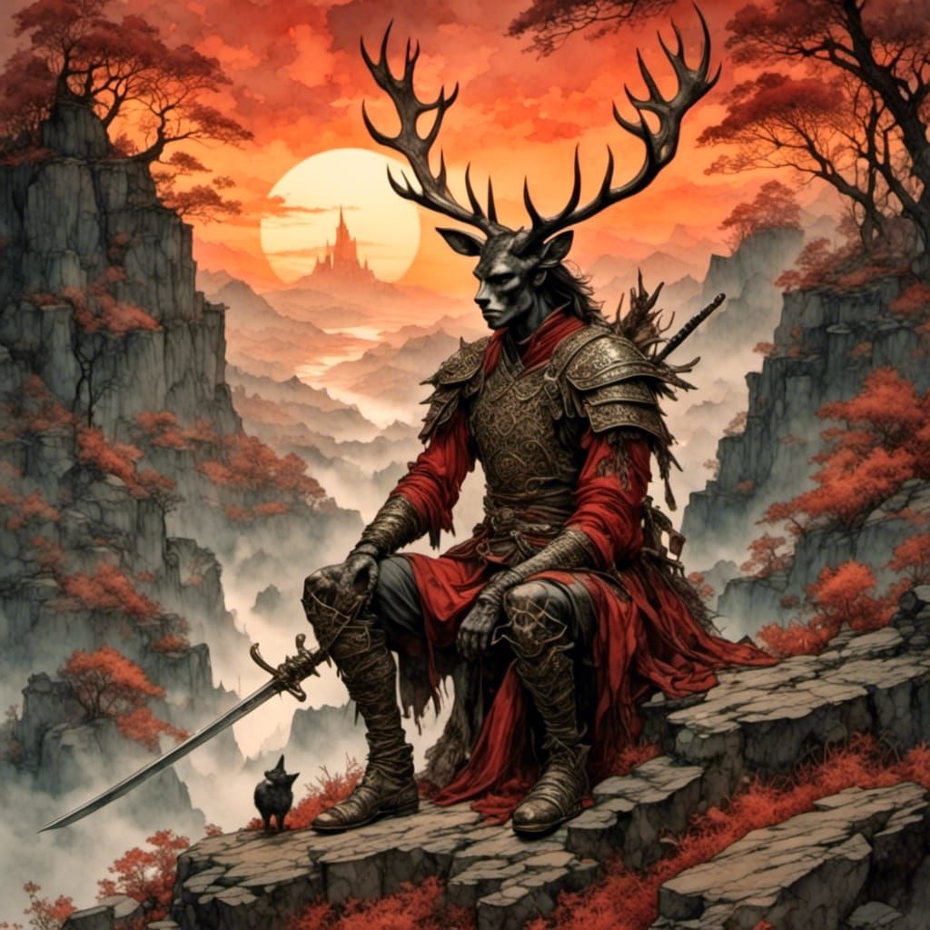 Antlered Samurai at Sunset in Watercolor Style