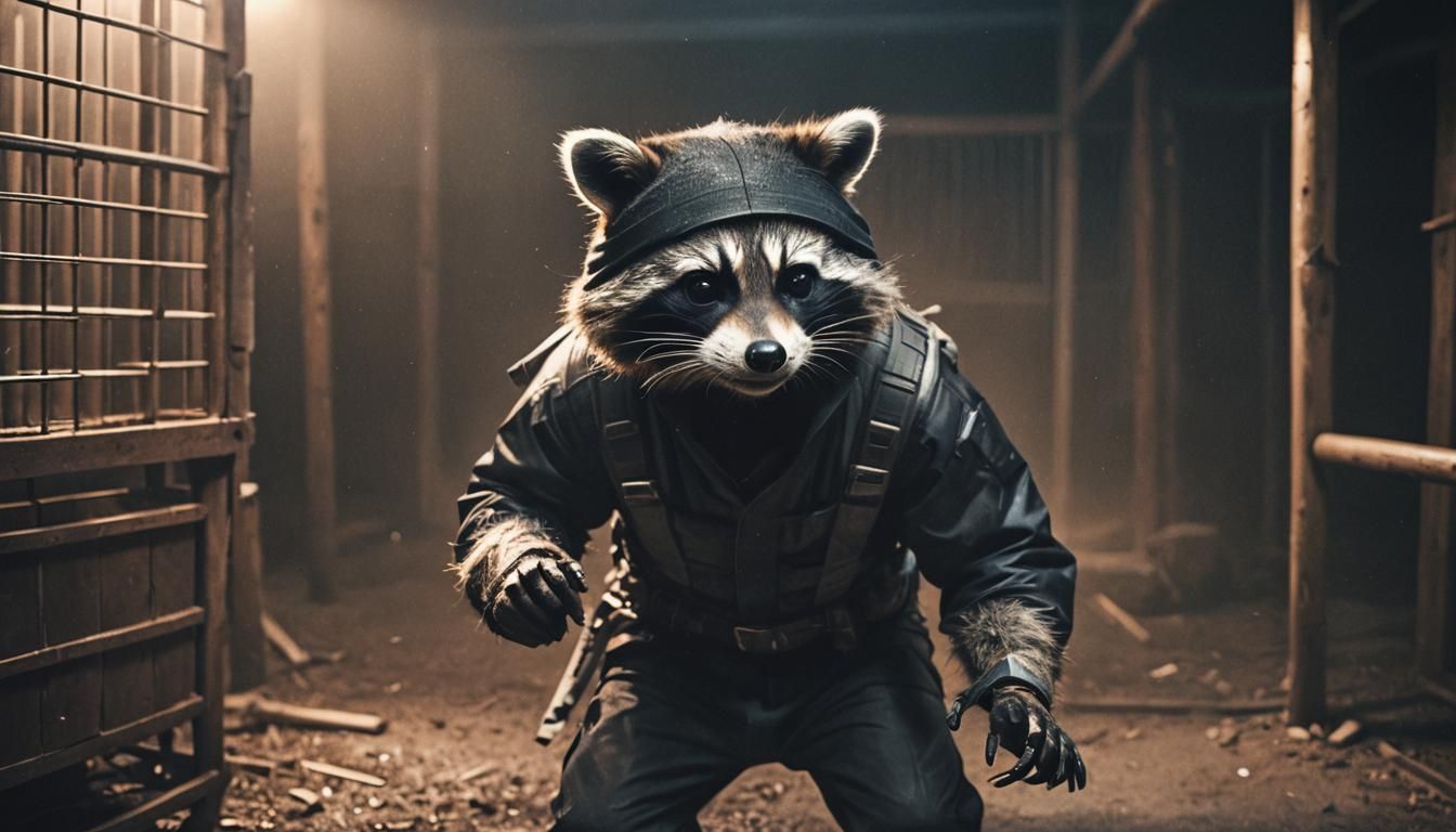 Ninja Raccoon Rescues Humans: Cinematic Film Still