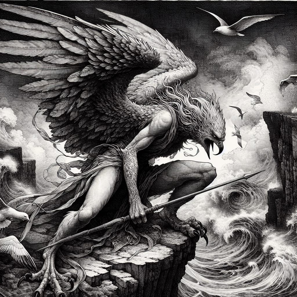 Harpy Huntress on Stormy Cliff, Dutch Golden Age Style