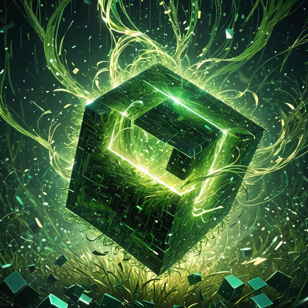 Glowing Cube Falls into Pixel Vortex: Surreal Digital Art