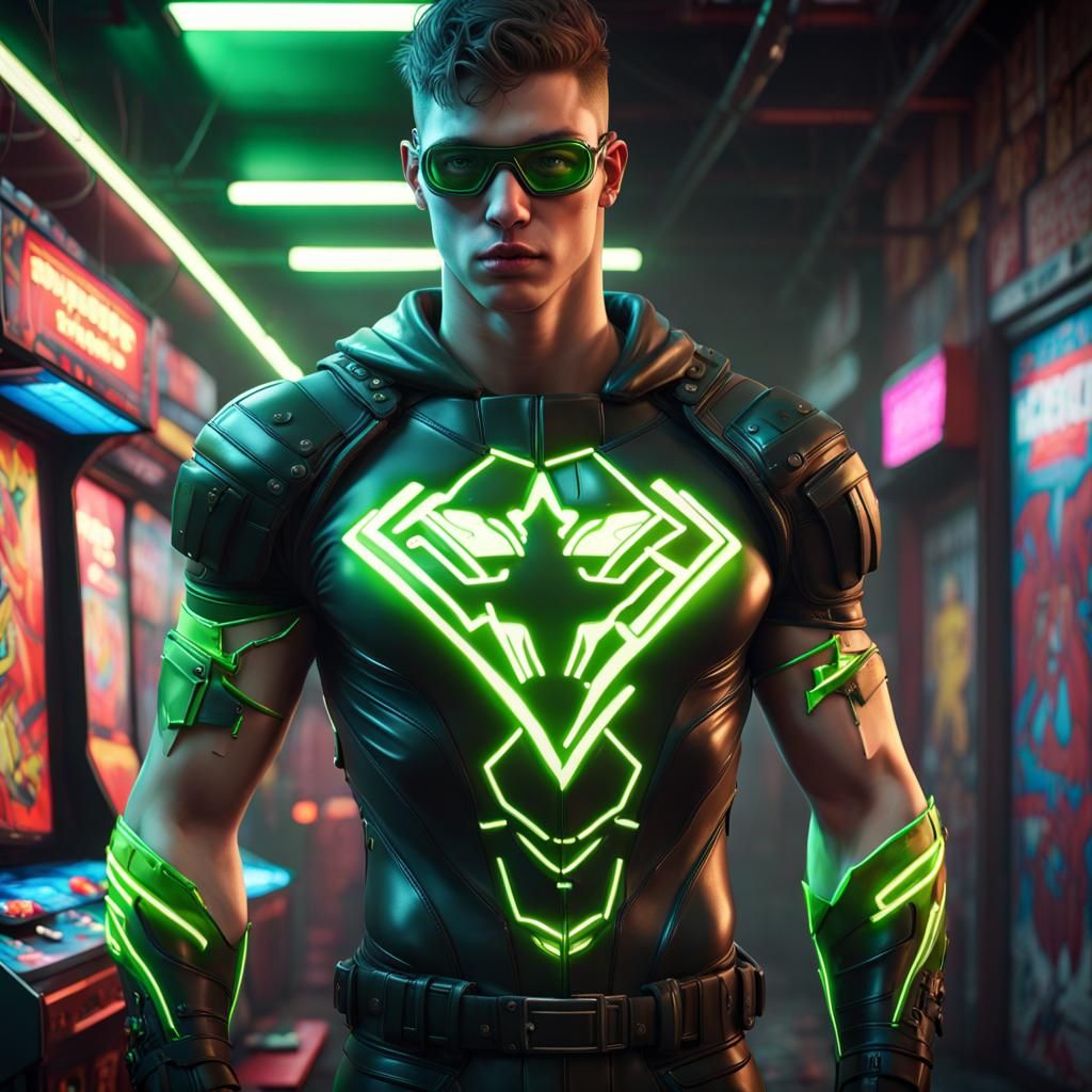 British Lad Superhero in Cyberpunk Arcade