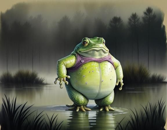 Bullywug in Misty Swamp: Watercolour Pastel Illustration