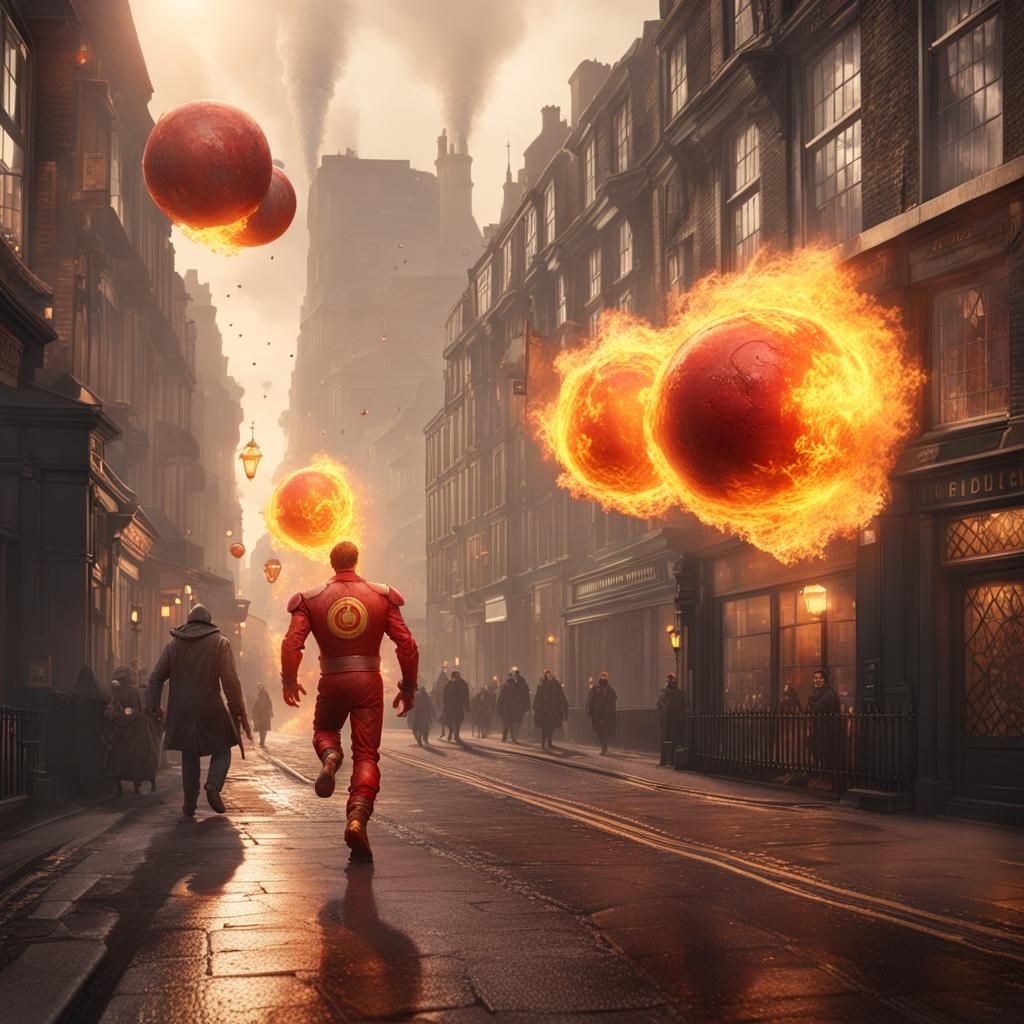 The human torch bowling fire balls down a misty London stree...