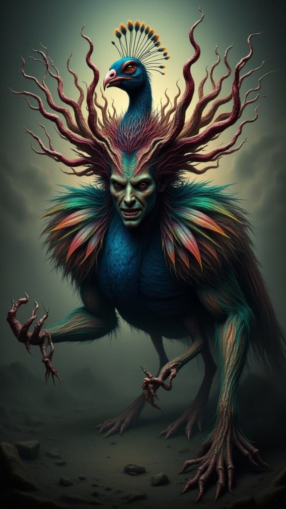 Mutated Human-Peacock Hybrid in Nightmarescape Style