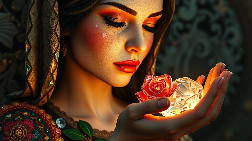 Gemstone Mosaic Woman Holding Crystal Rose