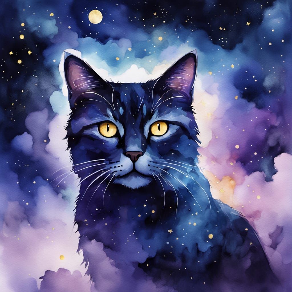 Celestial Cat Face Constellation in Whimsical Watercolor Sty...