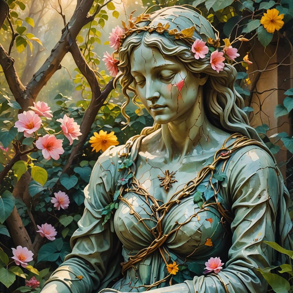 Cracked Statue Bleeding Love in Surrealist Garden