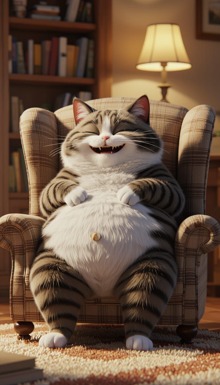 Cartoon Cat Laughing Hysterically in Cozy Home