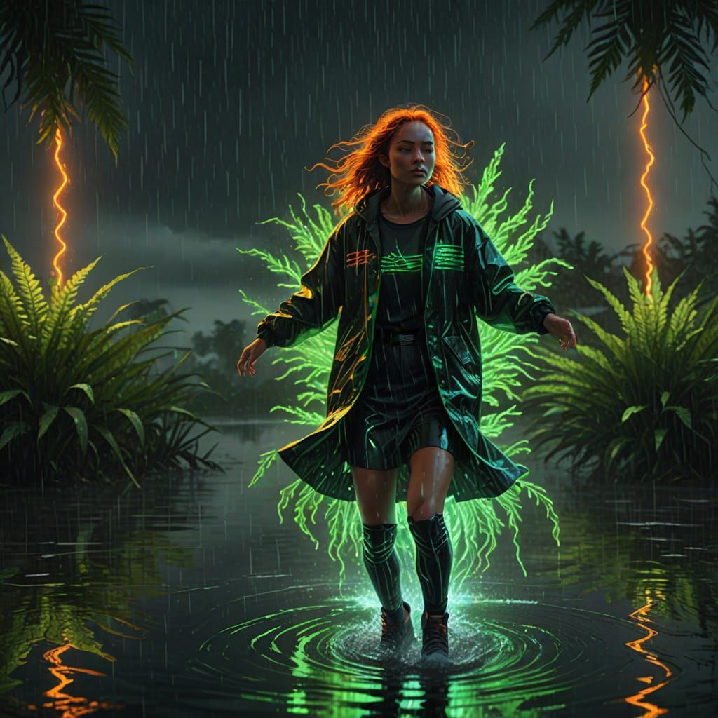 a lonely girl using Bezier curve technology the storm and in...