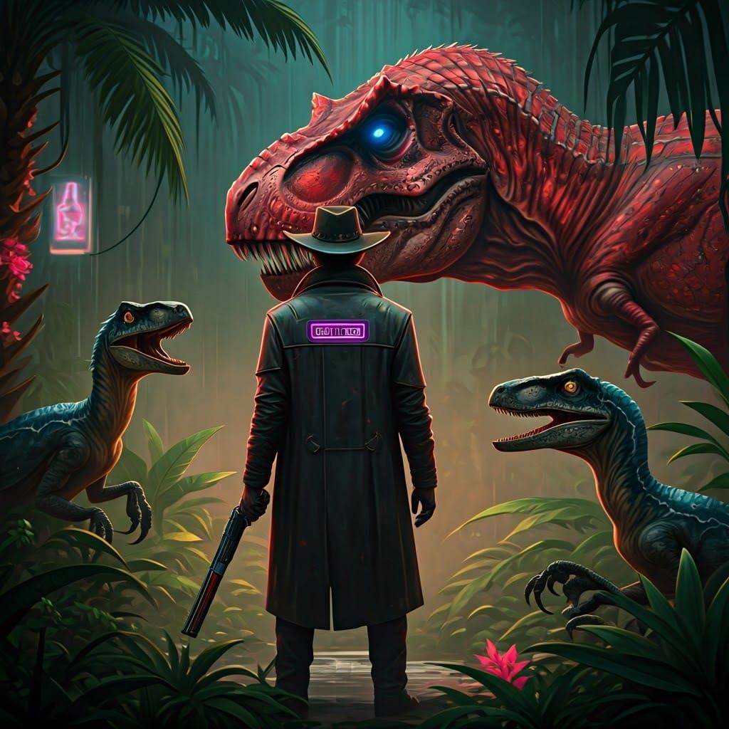 Cyberpunk Cowboy Faces Tyrannosaurus Rex in Tropical Paradis...