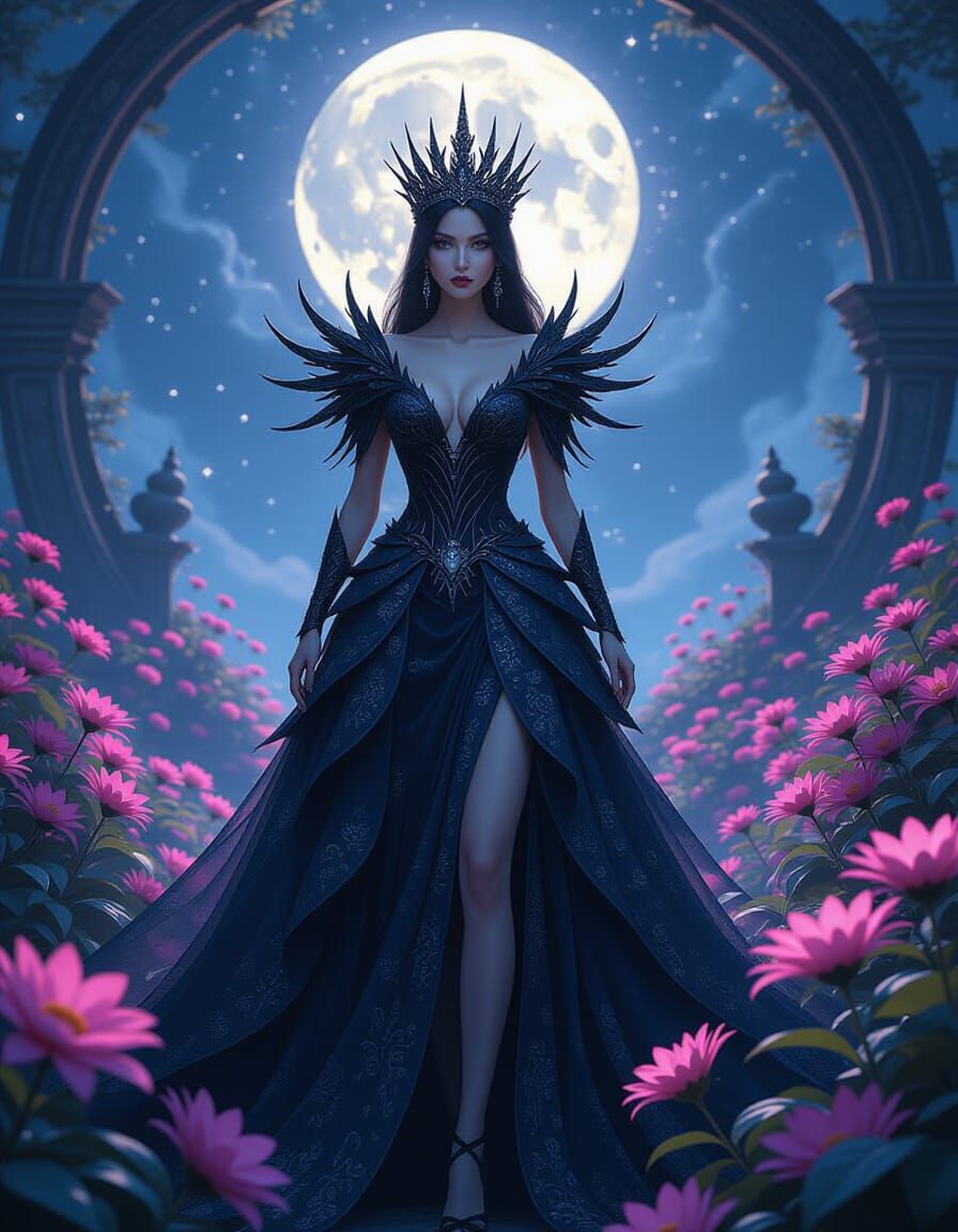 Twilight Queen in Celestial Garden, Dark Fantasy Art