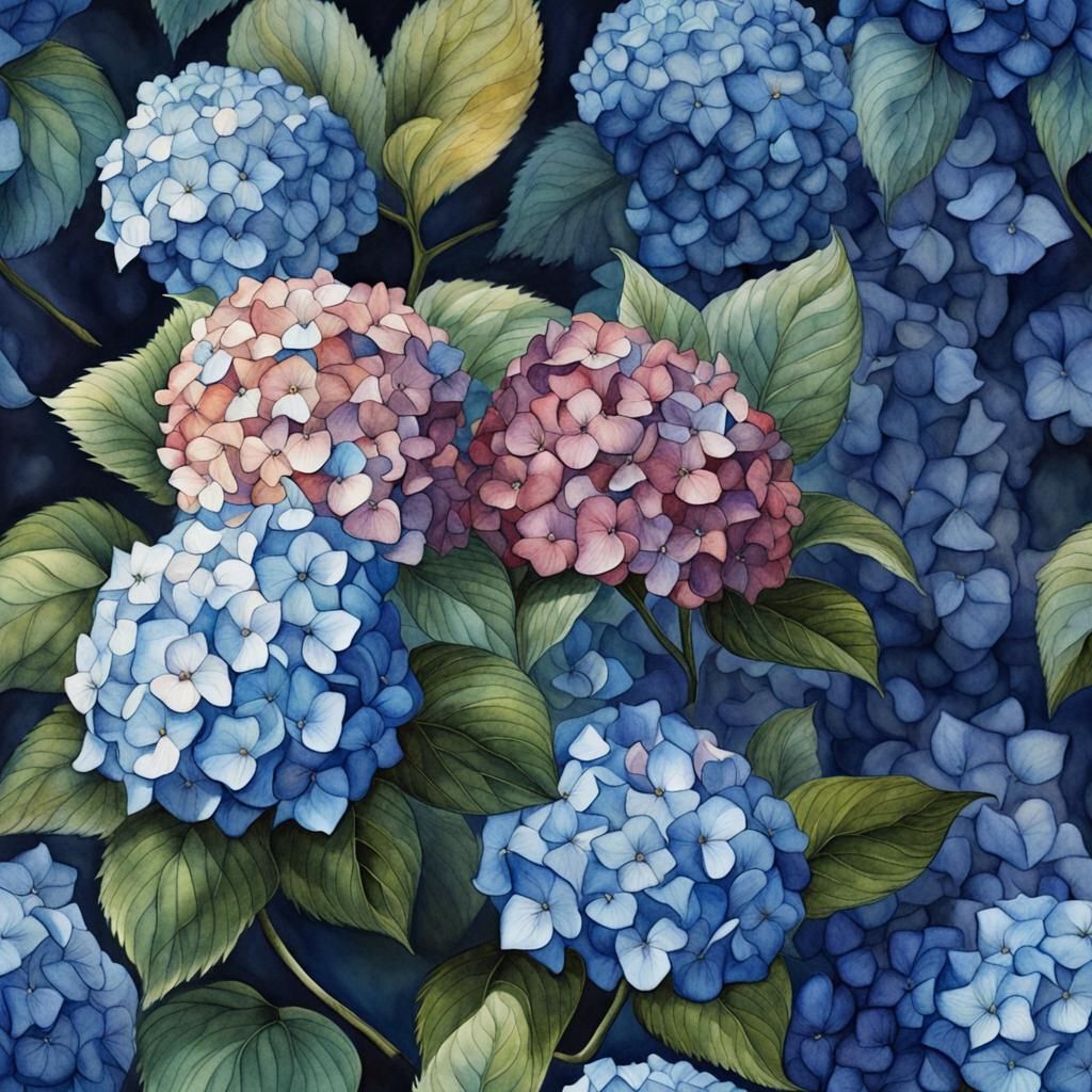 Hydrangeas, Watercolour illustration, deep blue colours, viv...