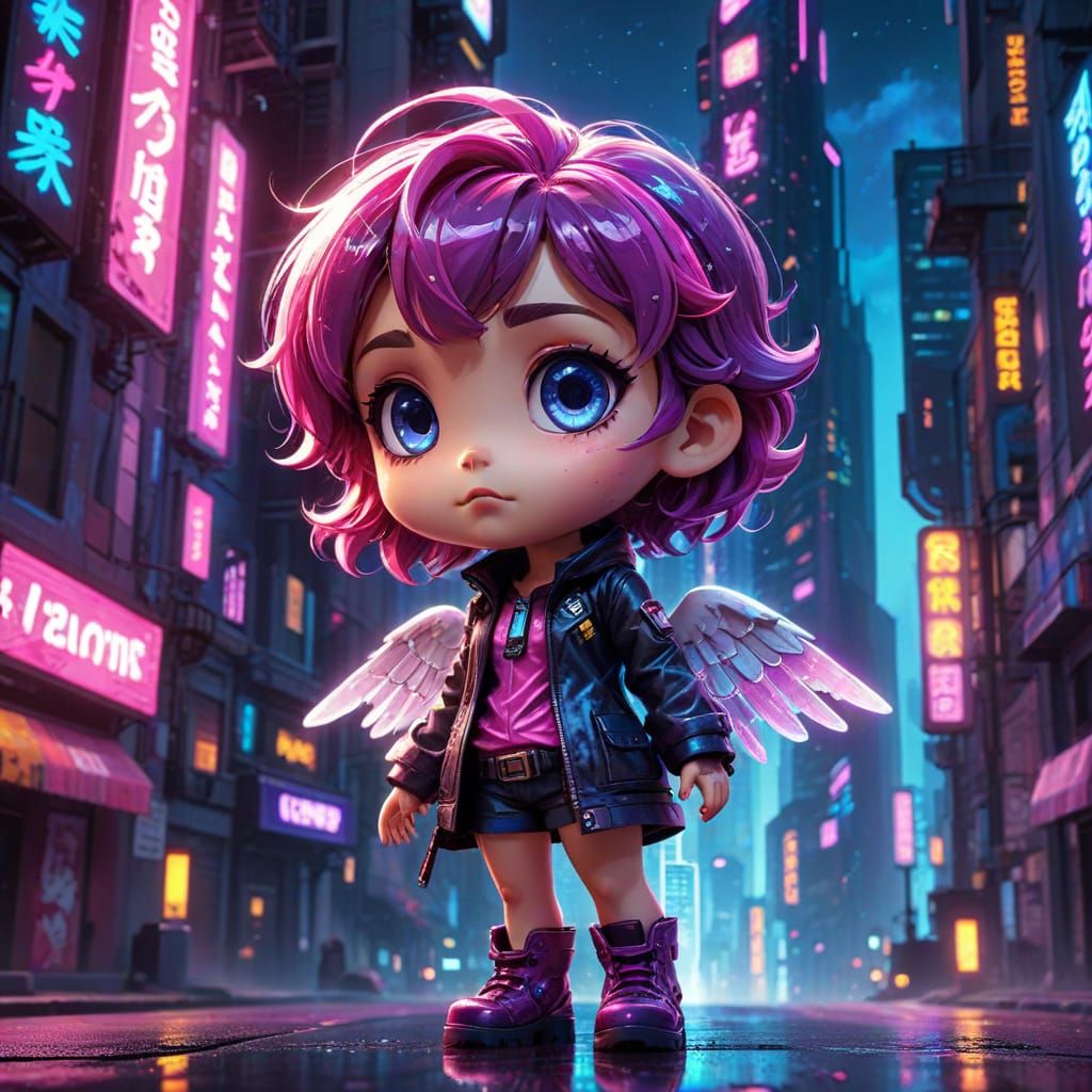 Chibi Detective in Neon-Lit Retro-Futuristic City