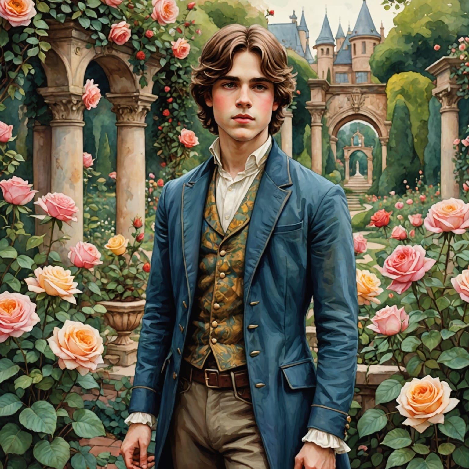 Boy Prince in Rose Garden: Watercolor Illustration