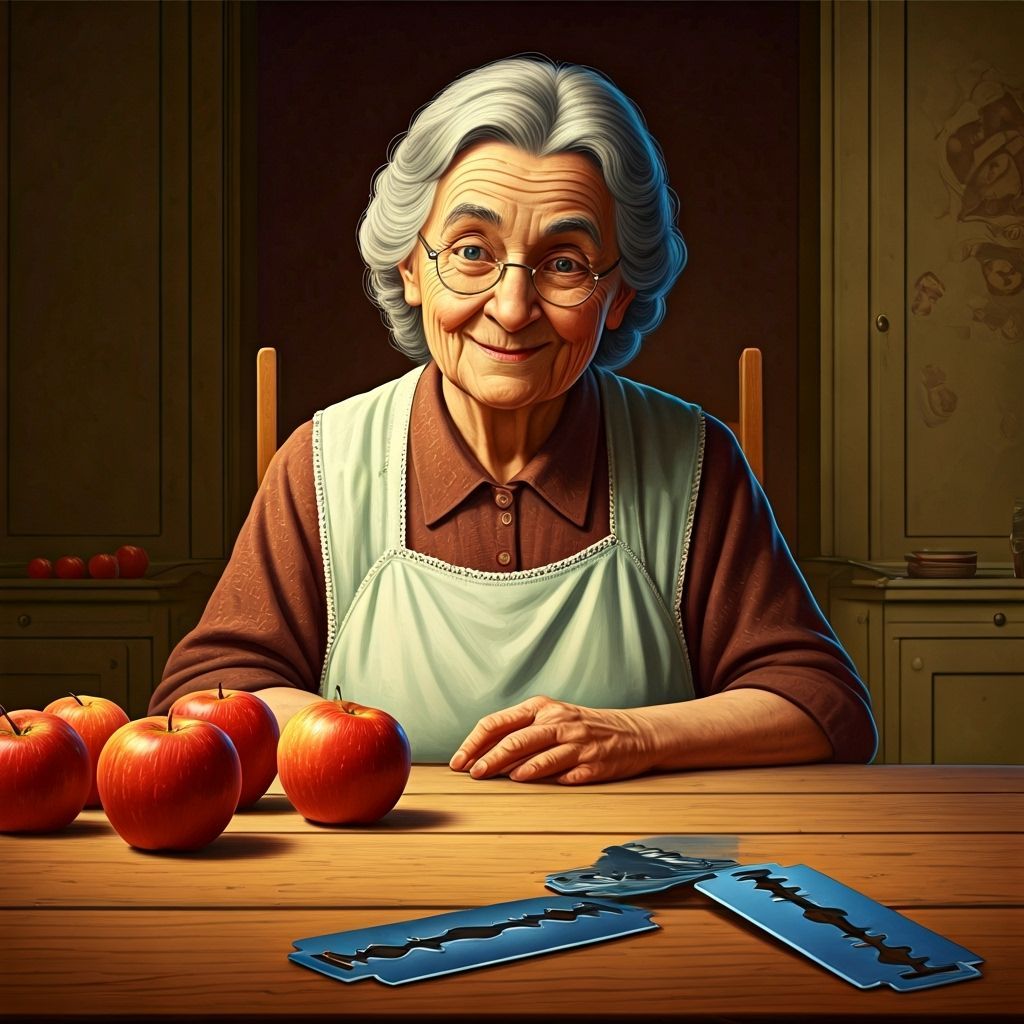 Mischievous Grandmother in 1950s Kitchen with Razor Blades &...