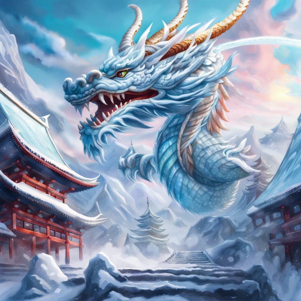 Ice Dragon Over Snowy Temples: Hyperrealistic Concept Art
