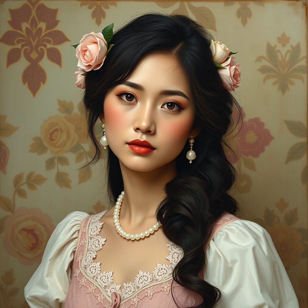 Thai Woman in Art Nouveau Oil Painting