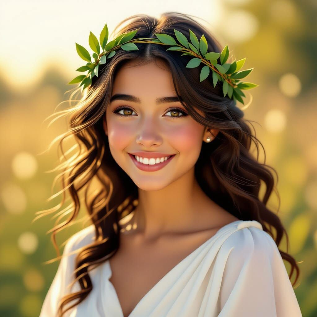 Cute Greek Girl in Laurel Wreath, Golden Hour