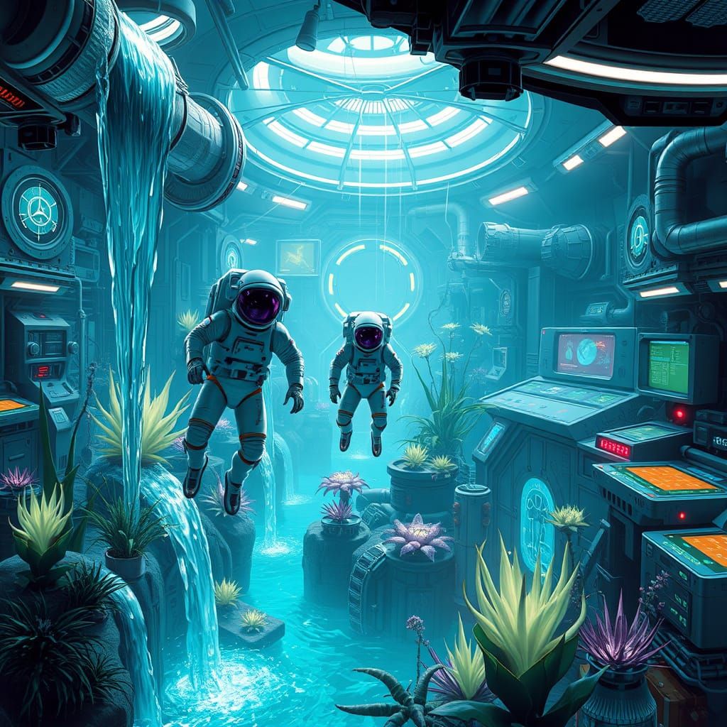 Zero-Gravity Garden in Futuristic Space Station