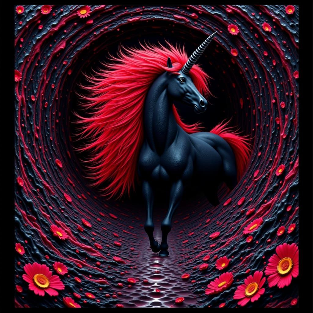 Black Unicorn in Impossible Landscape with Neon Psychedelia