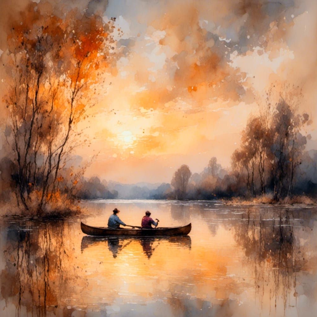 Impressionist Canoe Scene at Sunset