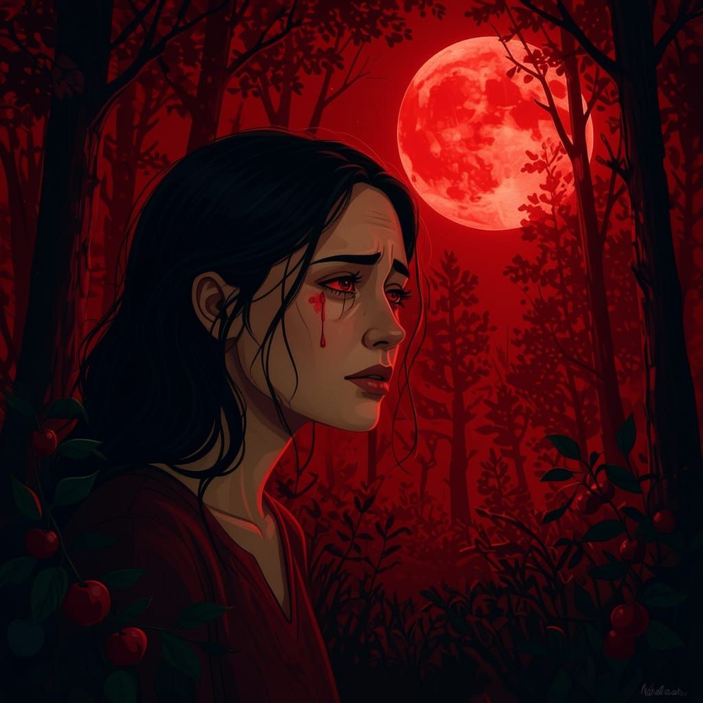 Desperate Woman Seeks Soul Fruit in Vivid Forest Under Moonl...