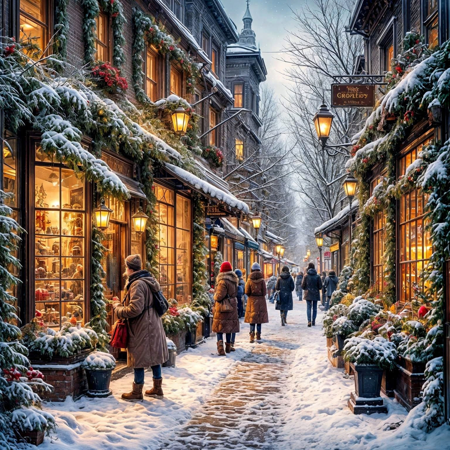 Holiday Window Shopping Scene in Antique Watercolor Style