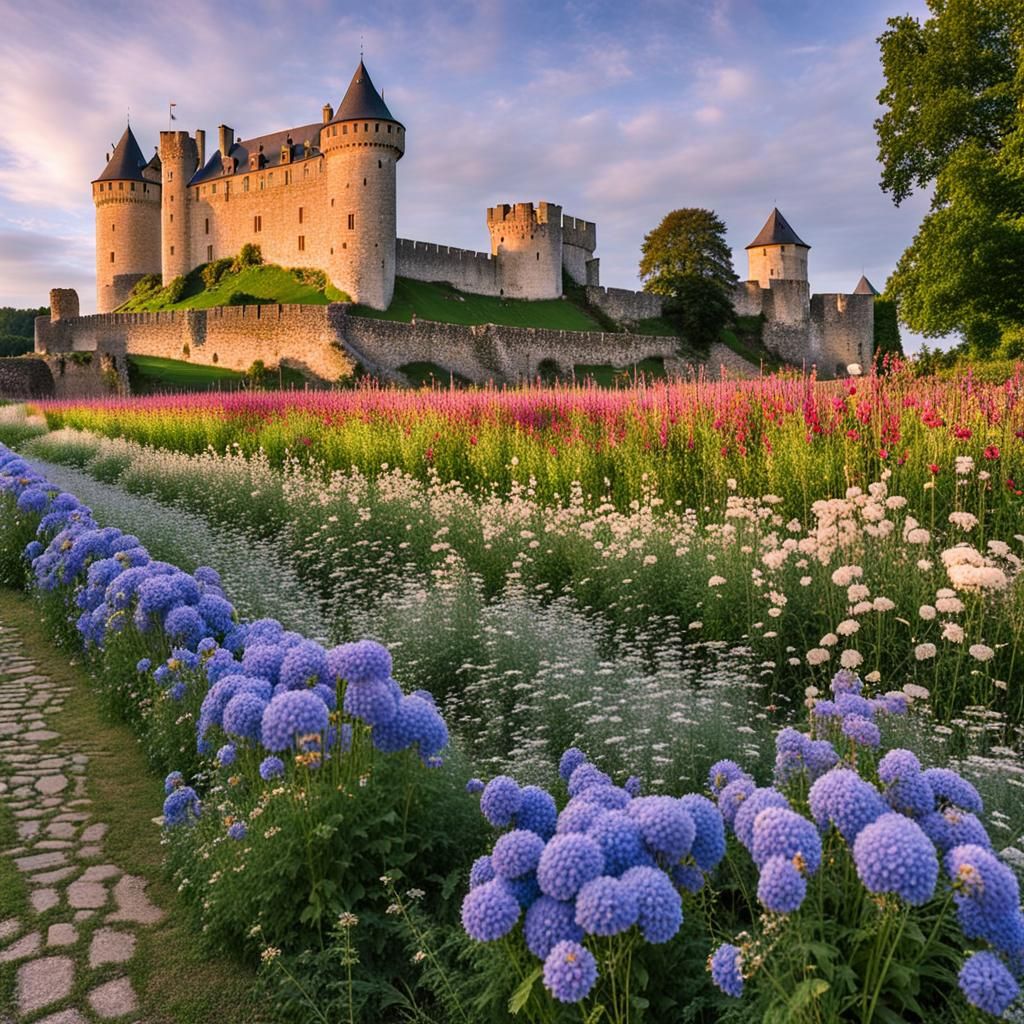 Picturesque Flowers near Old Castle in France
