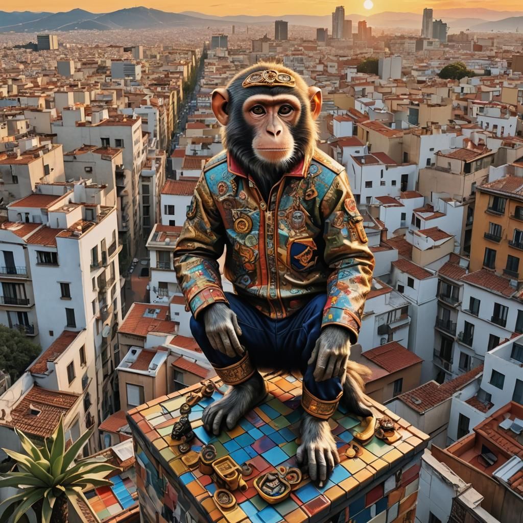 Monkey on a Barcelona Rooftop, Hyperrealistic Digital Art