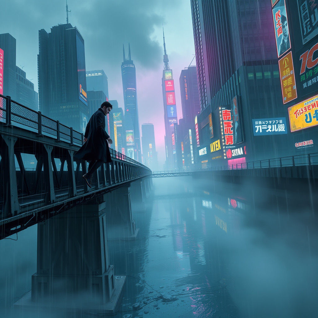 Cyberpunk Leaping Figure in Dystopian Cityscape