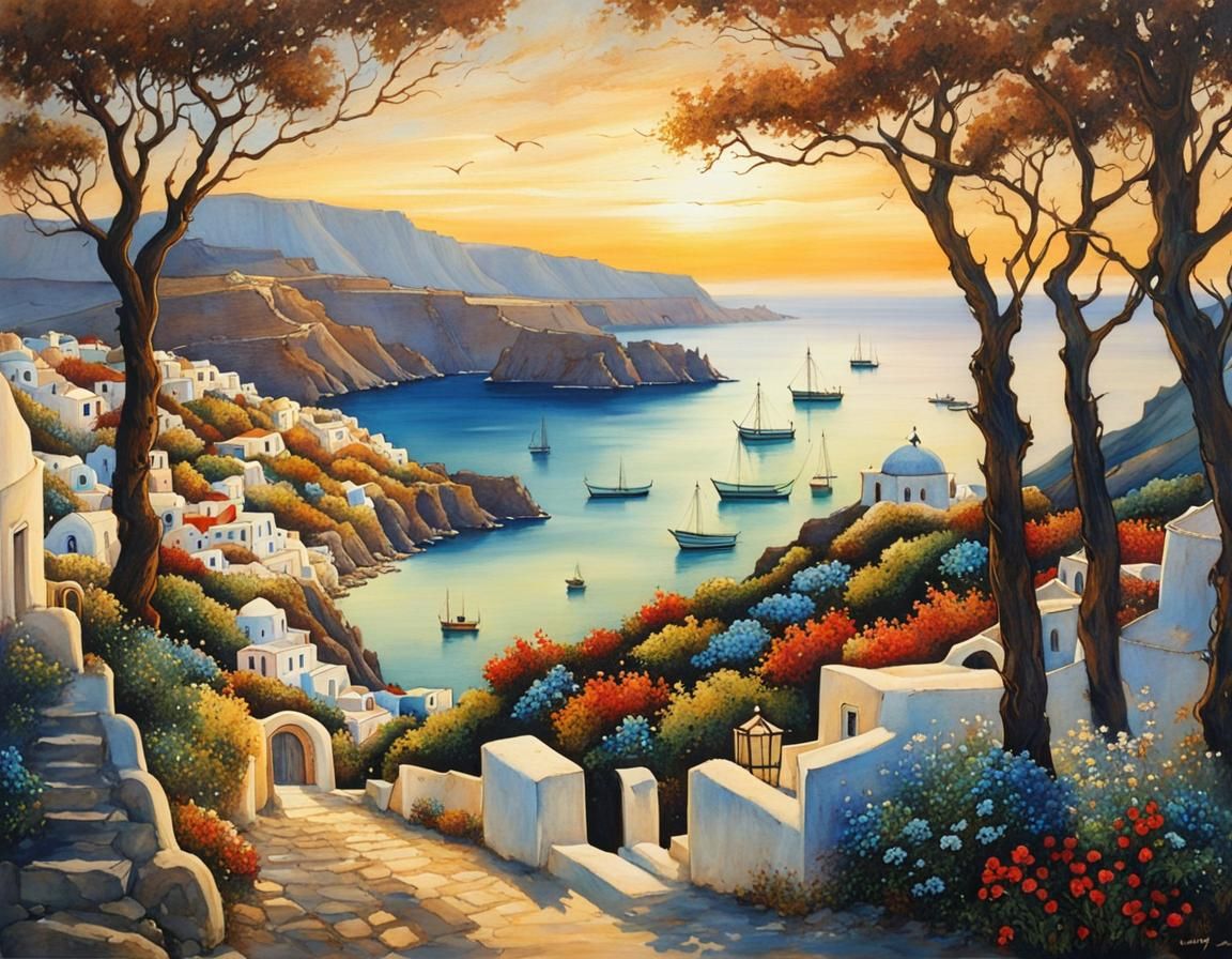 Santorini Fishing Village in Fairytale Illustration Style