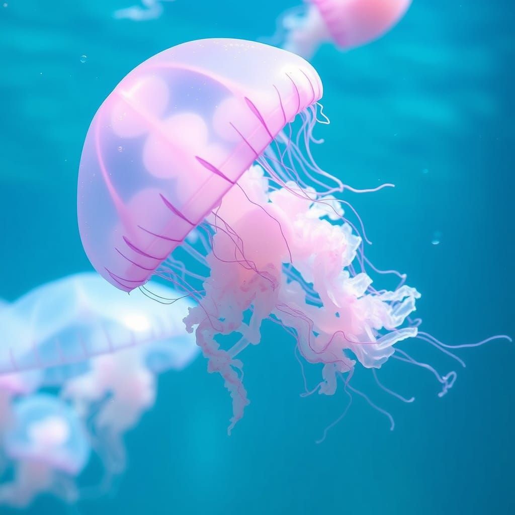 Luminescent Jellyfish in Turquoise Water, Ethereal Illustrat...