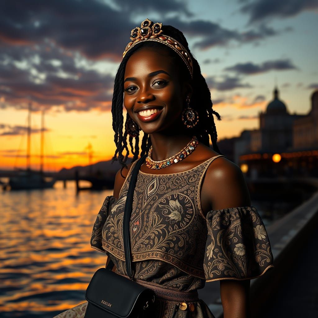 Smiling Woman in Streetwear Inspired by Caravaggio