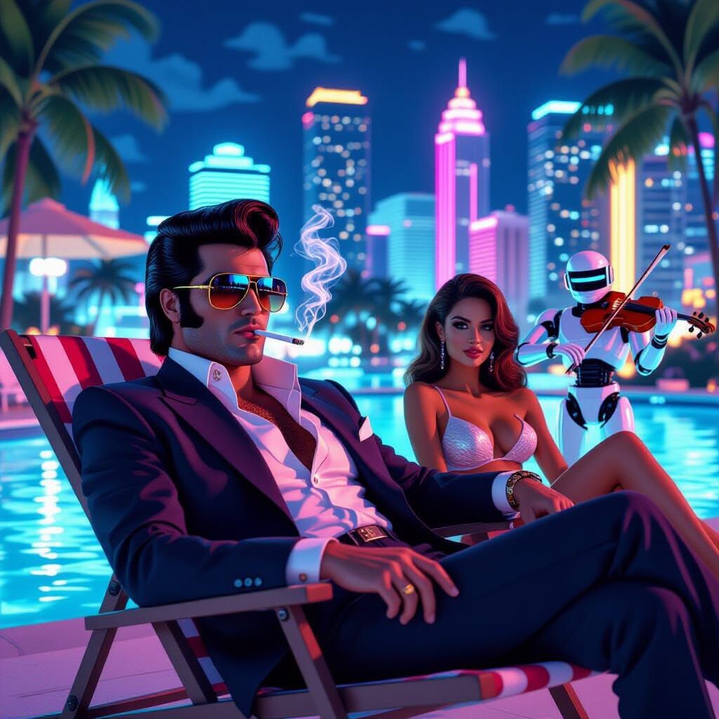 Retrofuturistic City Escape with Elvis-Inspired Businessman