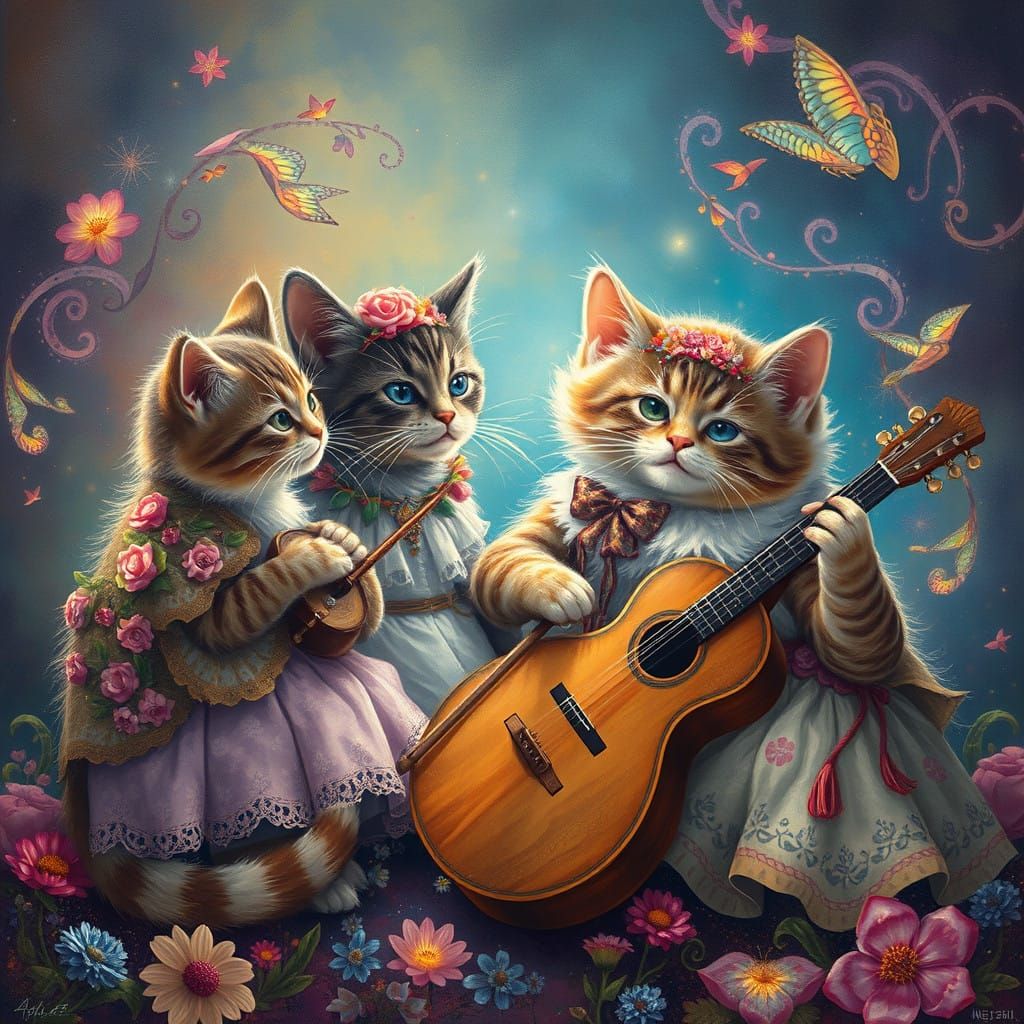 Whimsical Felines in Folk Bluegrass Enchantment