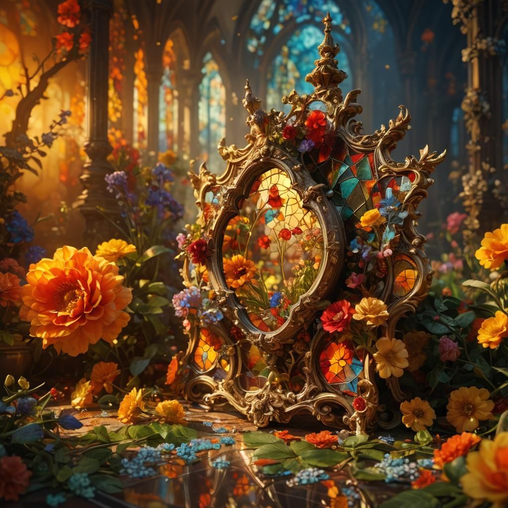 Stained Glass Flower Mirror in Fantasy Art Style