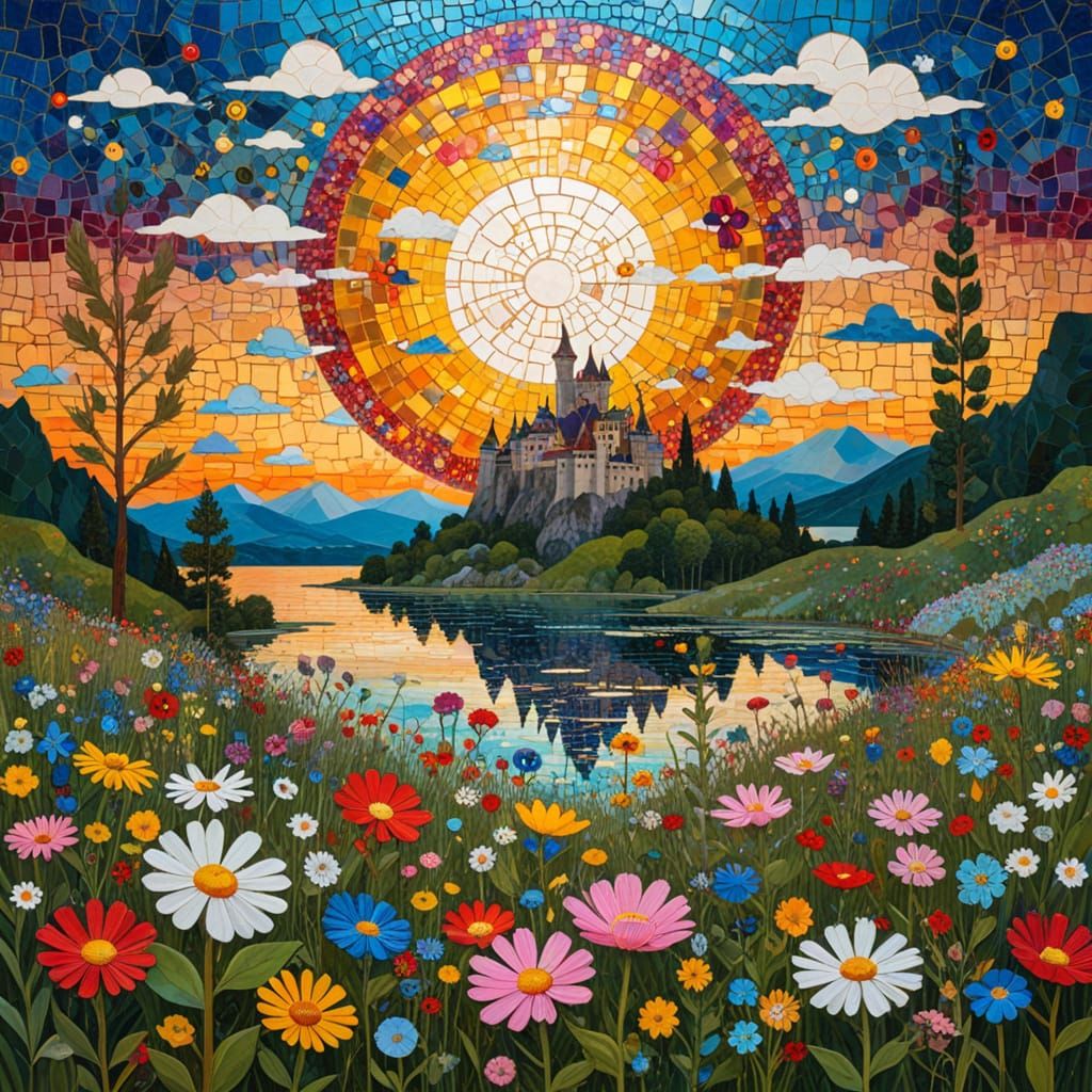 Castle Lake Sunset with Wildflowers in Mosaic Style