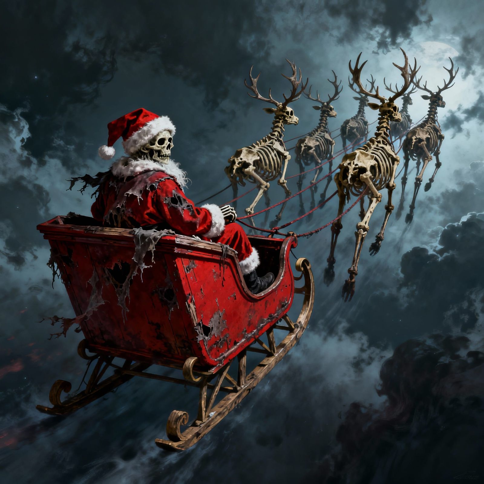 Skeleton Santa in Coffin Sleigh Pulled by Ghostly Reindeer