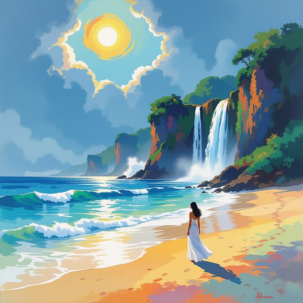 Surreal Island Beach Scene with Waterfalls