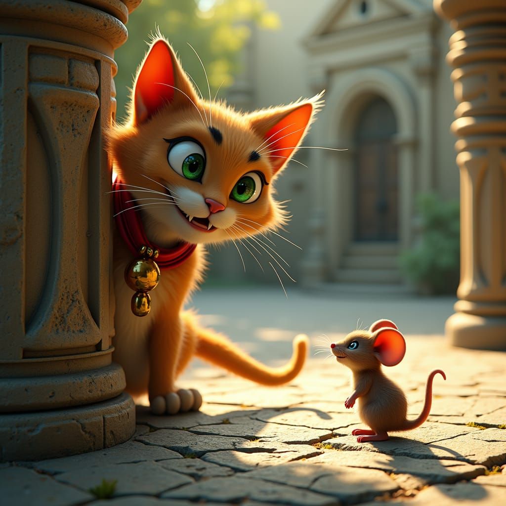 Mystical Cat and Mouse in Ancient Courtyard