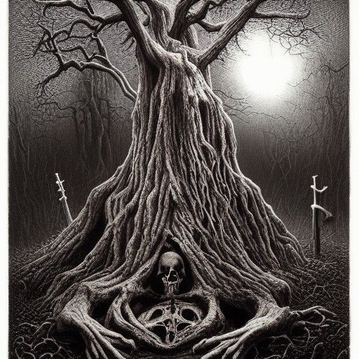Gothic Gallows Tree in Spooky Graveyard