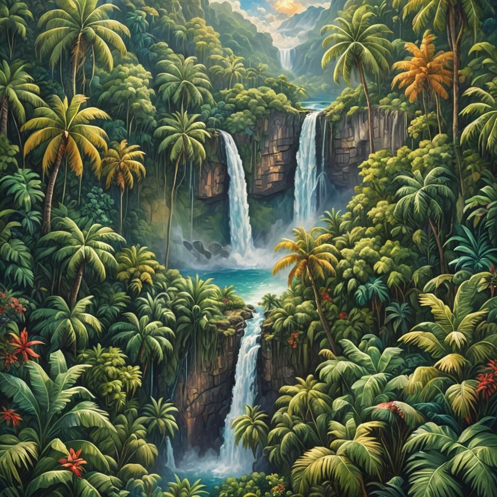 Tropical Waterfall Above Clouds: Bird's-Eye Oil Painting