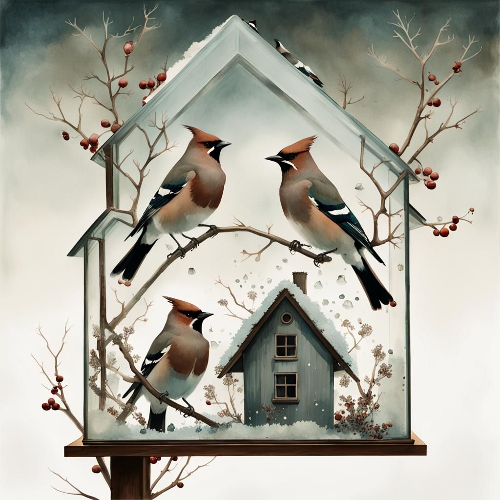 Waxwings and Holly in Double Exposure Watercolor Style